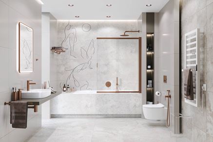 Szara łazienka w kamieniu z miedzianymi akcentami z wanną z parawanem