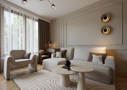 Salon w odcieniach beżu utrzymany w stylu modern classic
