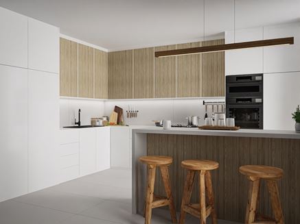 Drewno i beton w jasnej kuchni z wyspą