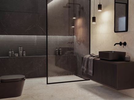 Ciemna łazienka z kabiną walk-in w brązowych dekorach