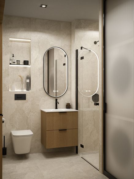 Matowy kamień w jasnym kolorze w aranżacji łazienki