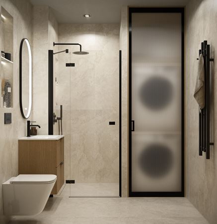 Łazienka w jasnym kamieniu z zabudową wnękową