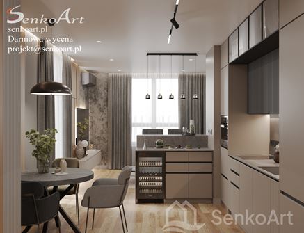Szara kuchnia z jadalnią w stylu nowoczesnym
