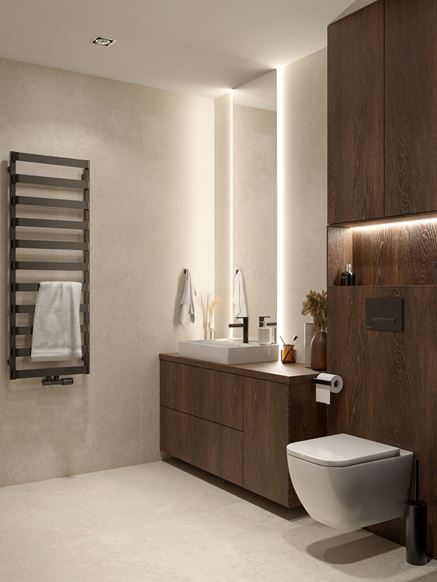 Kremowa łazienka z ciemną zabudową w drewnie