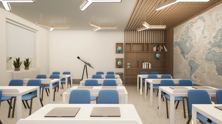 Przestronna sala wykładowa w beżu i drewnie