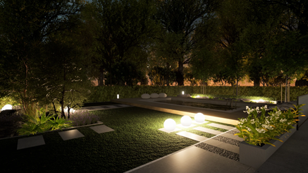 Projekt ogrodu z dużym trawnikiem, rabatami i dekoracyjnym oświetleniem