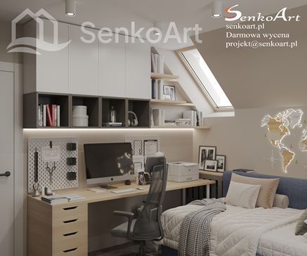 Biurko do nauki w pokoju na poddaszu z małym oknem