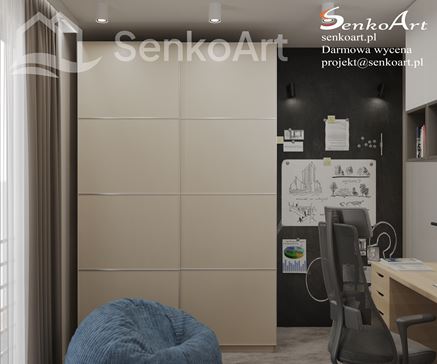 Pokój chłopca na poddaszu z beżową szafą i magnetyczną farbą na ścianie