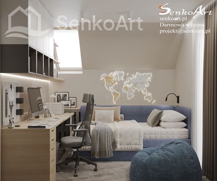 Pokój ucznia na poddaszu z dużym miejscem do pracy i łóżkiem