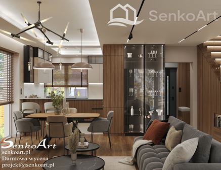 Salon z jadalnią i dużym, przeszklonym regałem