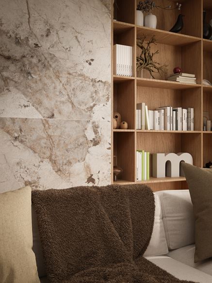 Detal płyt Tubądzin Naturale w wykończeniu ściany w salonie