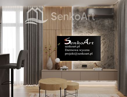 Salon z betonem i drewnem na ścianie za telewizorem