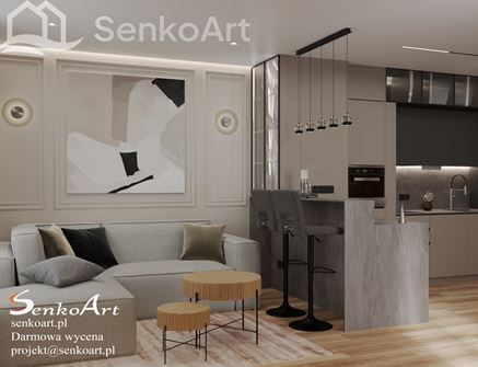 Nowoczesny salon z aneksem i sztukateriami na ścianie