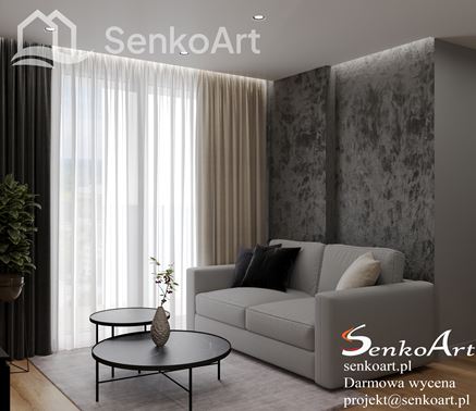 Mały salon loft z betonem na ścianie