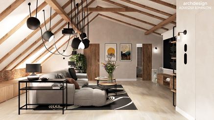 Loftowy salon z czarnym dywanem i belkami na suficie