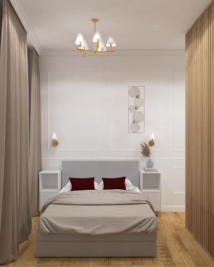 Sypialnia z salonem oddzielone ścianą z lameli