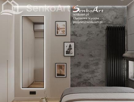 Aranżacja sypialni z betonową ścianą i białym panelem ze strukturą