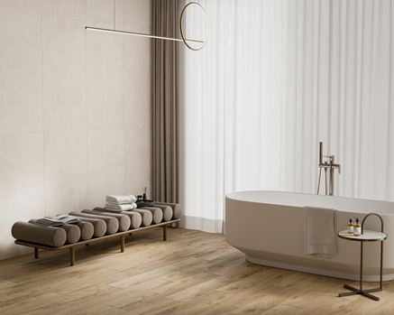 Stylowa łazienka w betonie i drewnie z ceramiką wolnostojącą