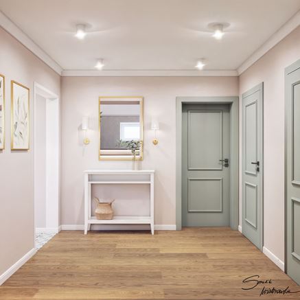 Elegancki przedpokój z zielonymi drzwiami