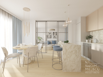 Kuchnia z jadalnią w śmietankowych tonach