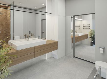 Łazienka minimalistyczna z ogromnymi lustrami