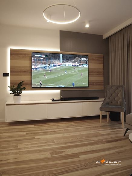 Ściana telewizyjna z drewnem i panelem 3d