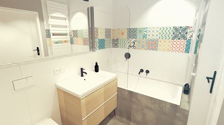 Szarość i kolorowy patchwork w małej łazience
