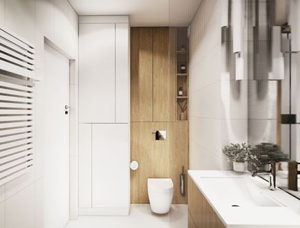 Skandynawska łazienka z białymi szafkami