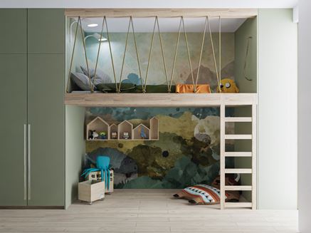 Kolorowy pokój dziecięcy z oryginalnym łóżkiem