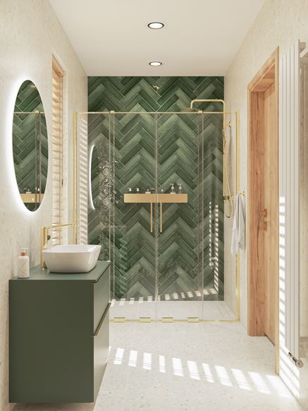 Beżowa łazienka z zielonymi cegiełkami