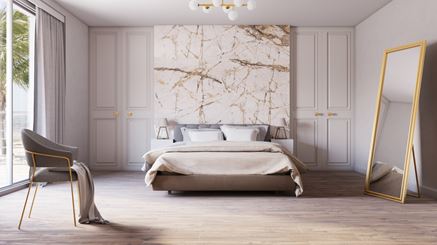 Sypialnia w stylu glamour ze ścianą Azario Gristone