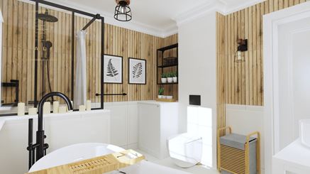 Biała łazienka ze sztukaterią i płytkami drewnopodobnymi 3d