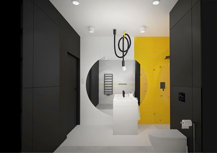 Biało-czarna łazienka z żółtym akcentem