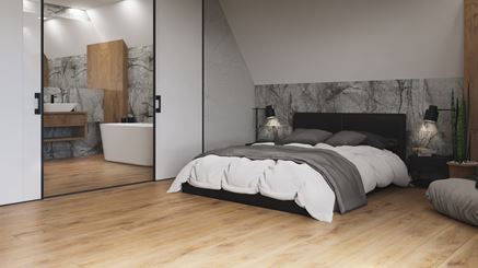 Szary kamień i drewno w nowoczesnej sypialni