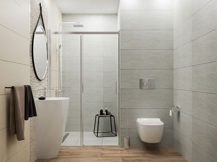 Szaro-biała łazienka z drewnianą podłogą