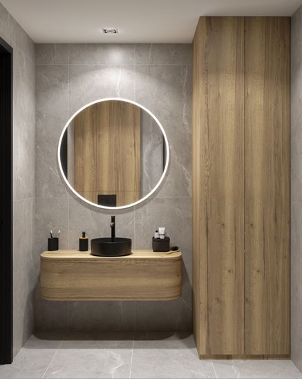 Szara łazienka Azario Synogres z drewnianymi akcentami