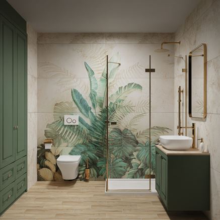 Dekory z motywem liści w zielono-beżowej łazience