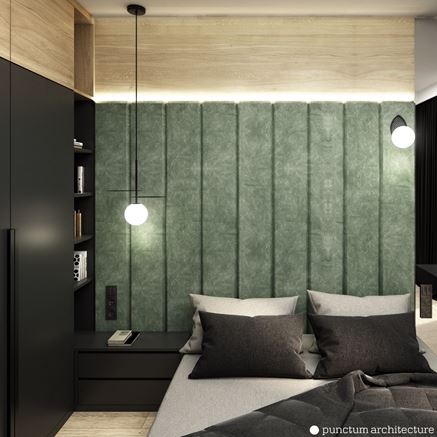 Detale sypialni z wysokimi, zielonymi panelami