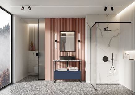 Różowo-biała łazienka z szarą posadzką