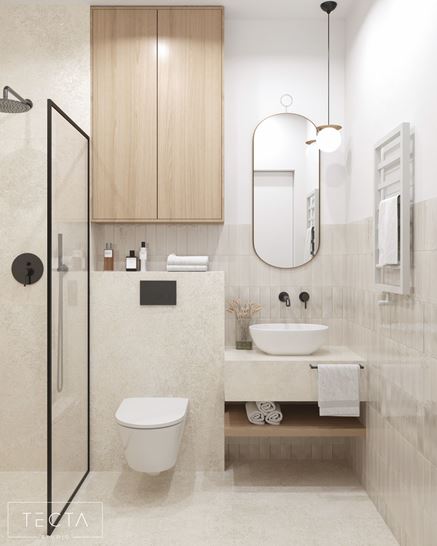 Elegancka łazienka japandi z prysznicem, WC i umywalką blatową