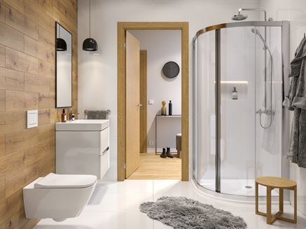 Aranżacja jasnej łazienki z drewnianymi akcentami