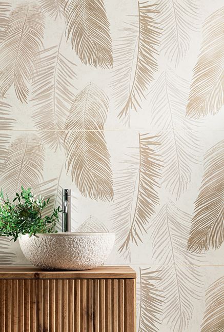 Detal ściany w łazience z dekorami z kolekcji Domino Blanca Leaves