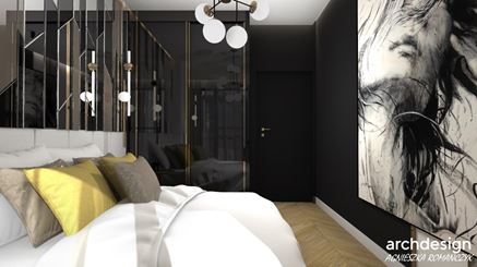 Czarna sypialnia z dekoracyjną mozaiką za łóżkiem
