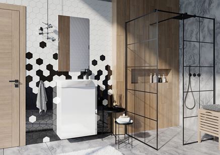 Czarno-biała łazienka z heksagonalną mozaiką i drewnem