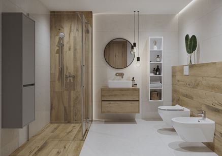 Kremowa łazienka z drewnem i wyposażeniem Cersanit Crea