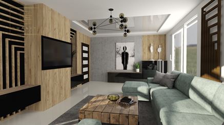 Salon w stylu industrialnym drewnem i betonem