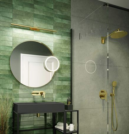 Szaro-zielona łazienka ze złotą armaturą Deante Arnika Gold