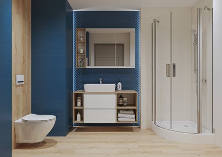 Biało-niebieska łazienka z drewnem i meblami Cersanit Moduo