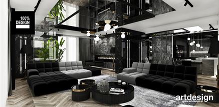 Szaro-czarne sofy modułowe w nowoczesnym salonie