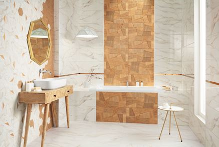 Drewno, kamień i heksagony w eklektycznej łazience